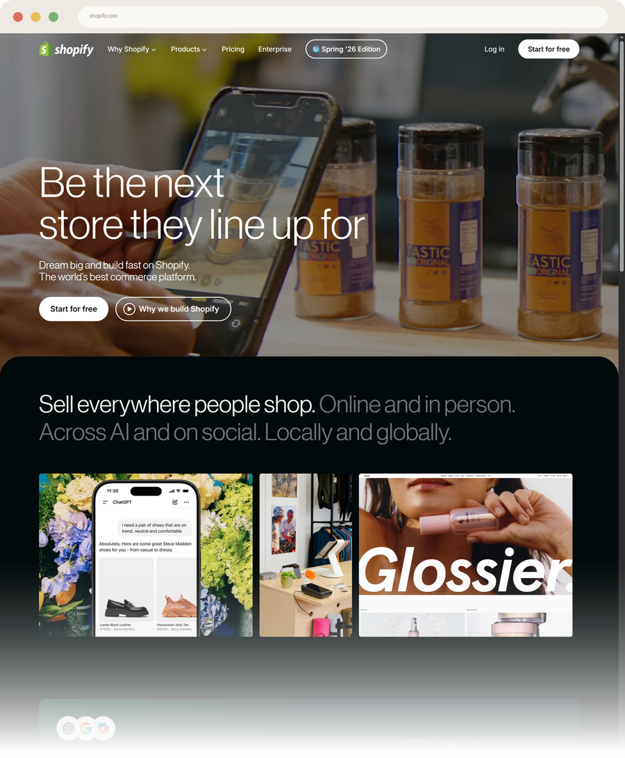 The Shopify.com homepage, headline: Be the next store they line up for.